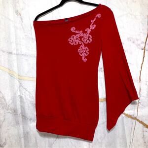 Asymmetric One Shoulder Vintage Y2K Boho Red Embroidered Tunic Top size M